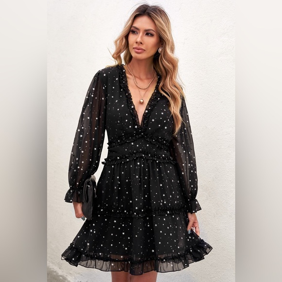 Glitter Stars V-Neck Backless Long Sleeve Ruffle Mini Dress - Witch’s Costume - Picture 1 of 16